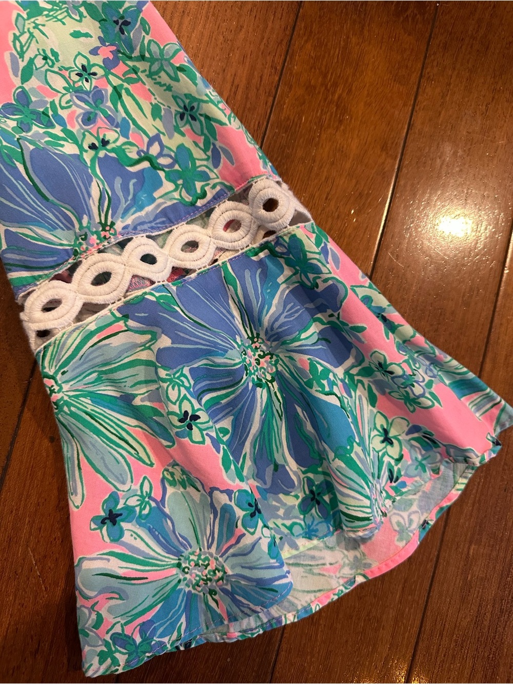 Lilly Pulitzer Pink, Blue & Green Floral V-Neck Tunic with Lace Trim - Picture 4 of 6